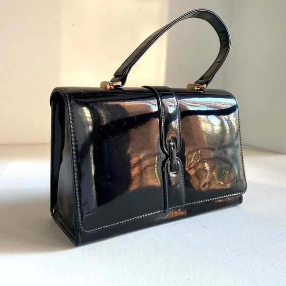 Vintage Black Patent  Leather Small Box Structured Top Handle Bag - Picture 4 of 11